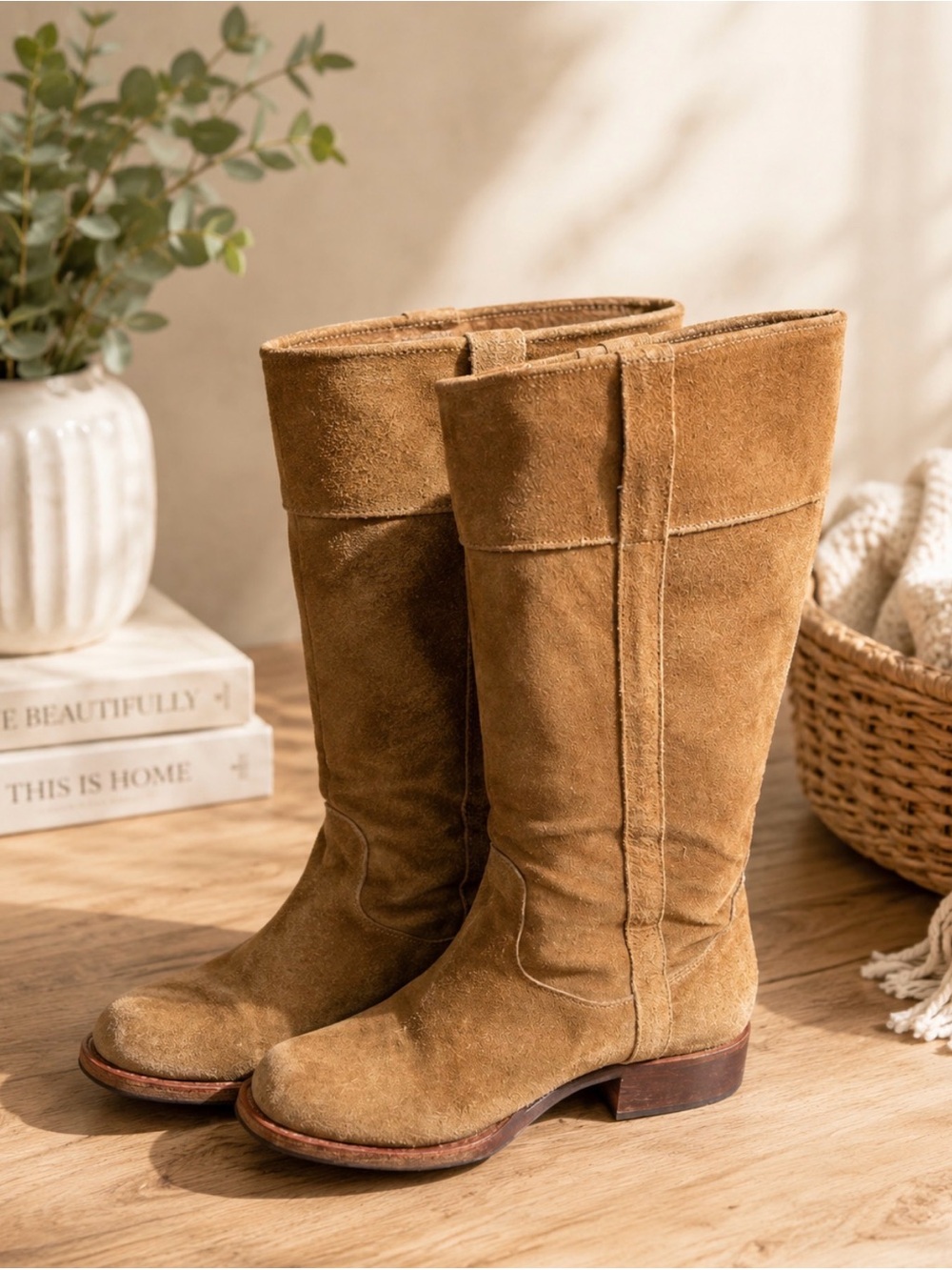 Robert Clergerie size 8.5 suede tan cowboy mid calf square toe boot France